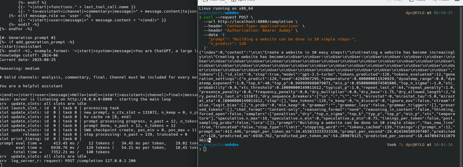 llama.cpp server running with API request screenshot